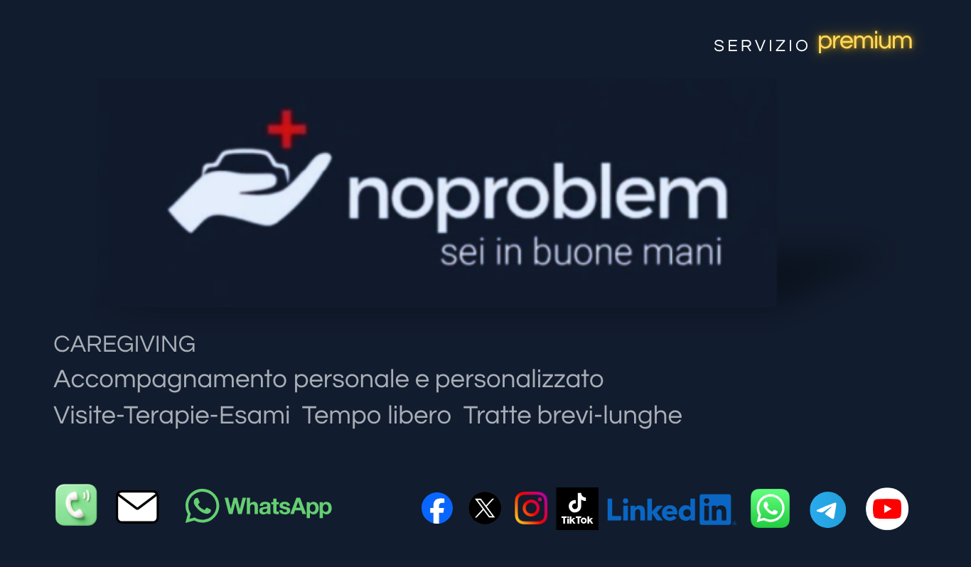 Logo “noproblem” con icona di mani e croce rossa, sfondo blu scuro e testo “sei in buone mani”.